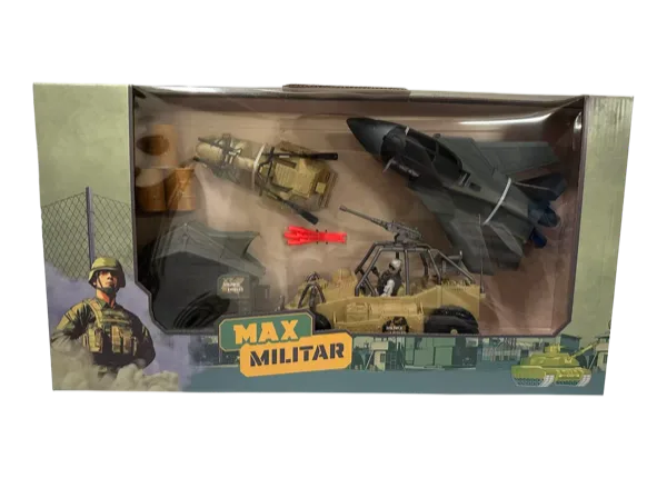 Conjunto Max Militar na embalagem, com helicóptero, avião e jipe